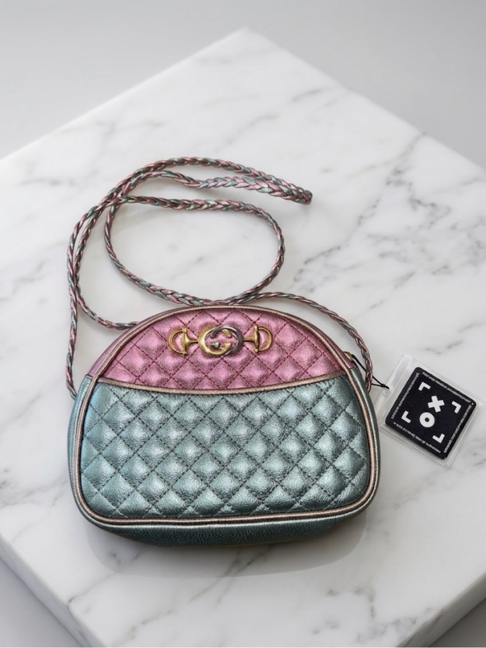 Gucci Zumi Metallic Pink & Green Quilted Crossbody Bag comes with COA